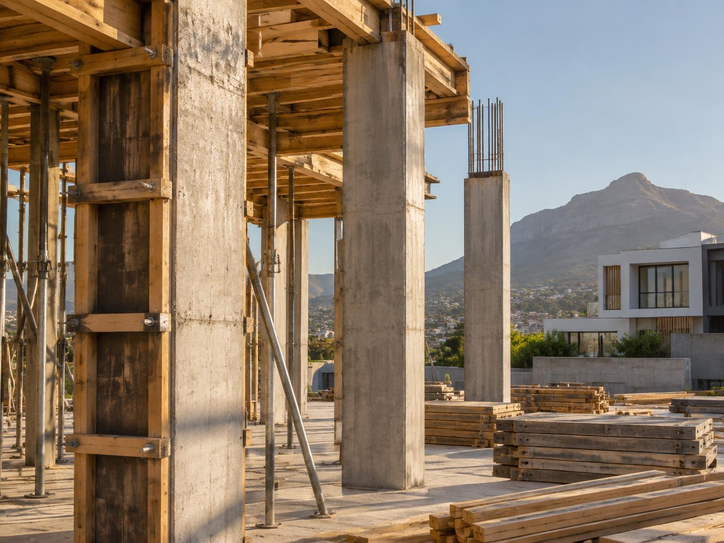 Concrete formwork and structural columns on an active construction site